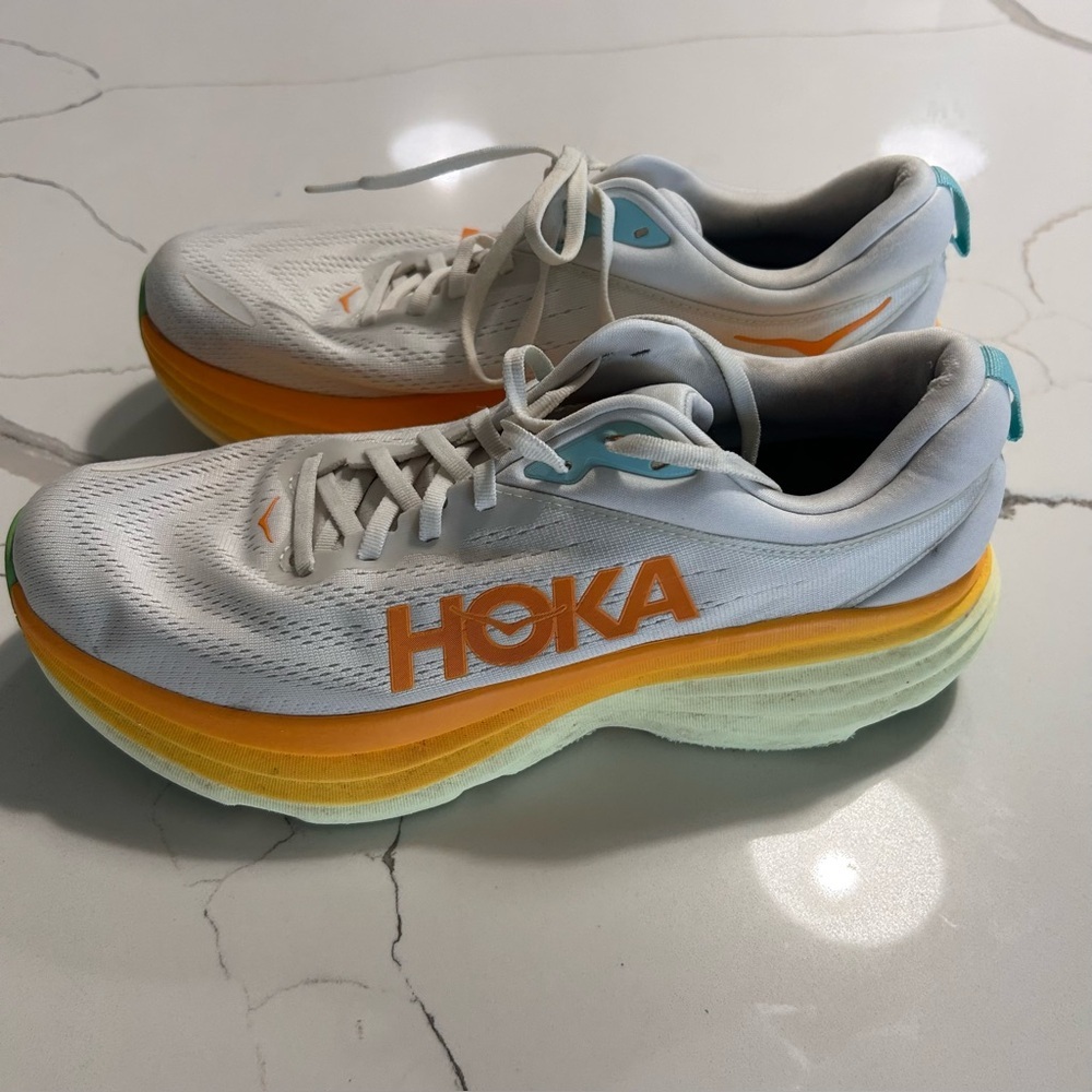 Hoka Bondi 8 Size 11 D Mens Blanc De Blanc Solar White Orange Running Shoes